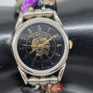Vintage Liberty Watch Gemstone Beaded Wristband Roman Numerals Gold Accent